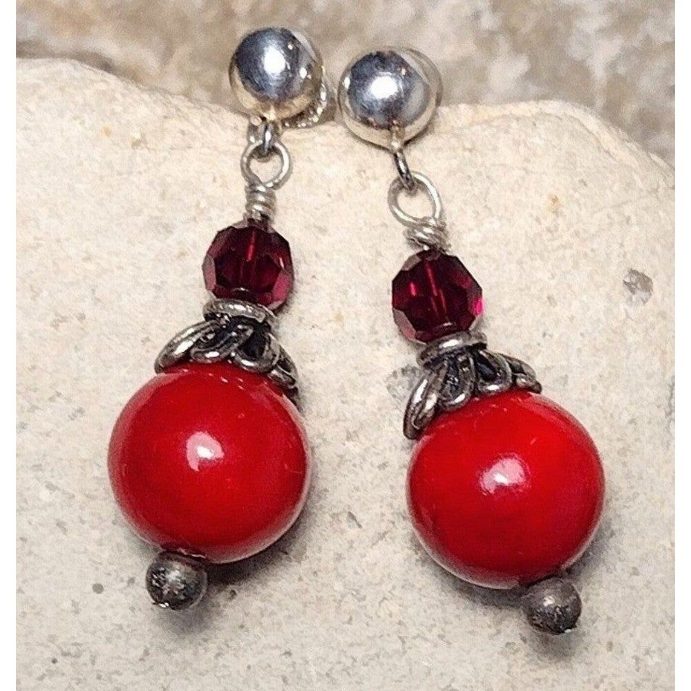 Sterling Silver Red Coral Crystal Beaded Dangle Drop Earrings